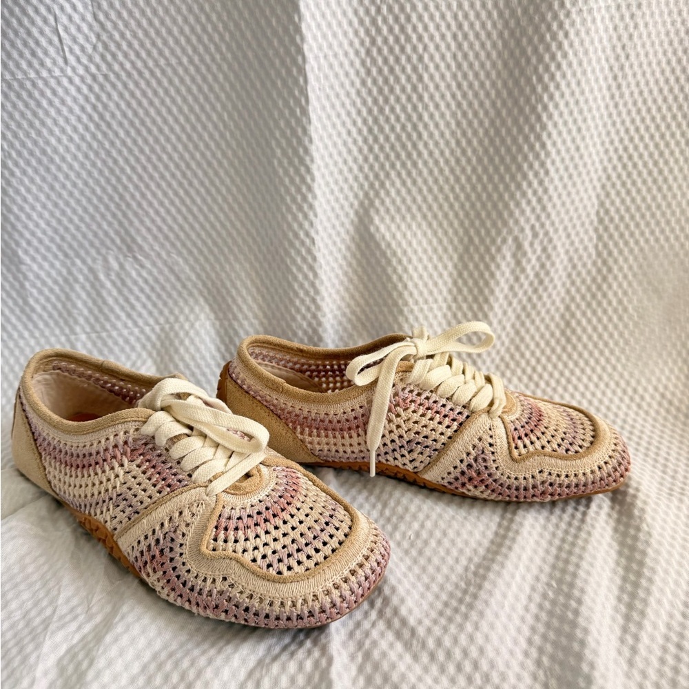 Free People NWT Crochet Low Pro Sneakers Beige & Pink Knit Sneakers Lightweight - Picture 2 of 9